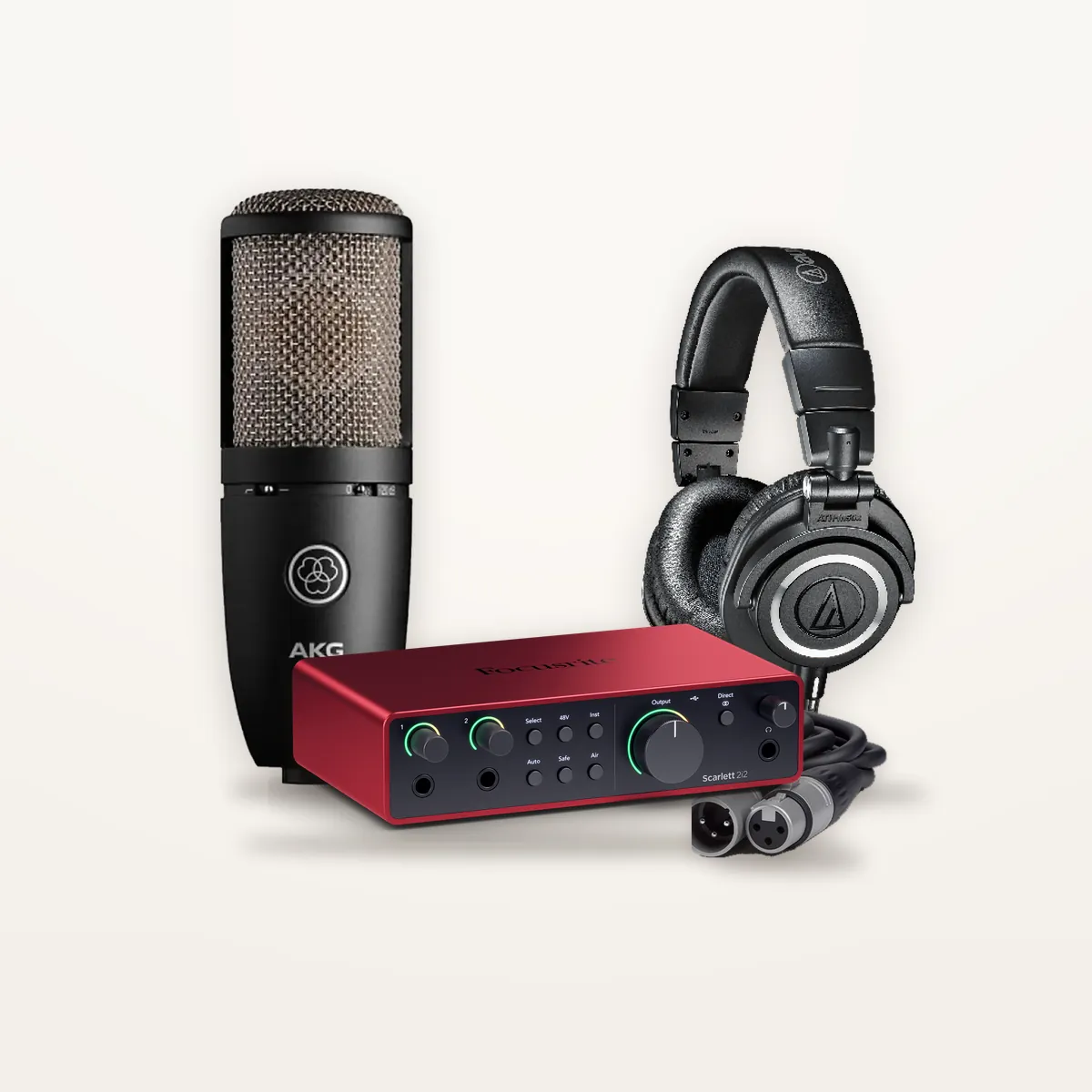 Studio In a Box gear: Focusrite Scarlett audio interface, AKG condenser microphone, Audio-Technica studio headphones and XLR cable