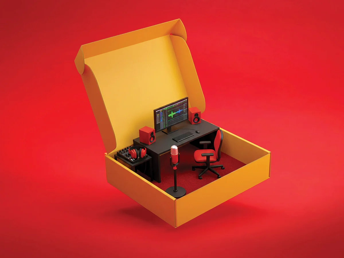 Studio In a Box: an open box holding a complete mini recording studio